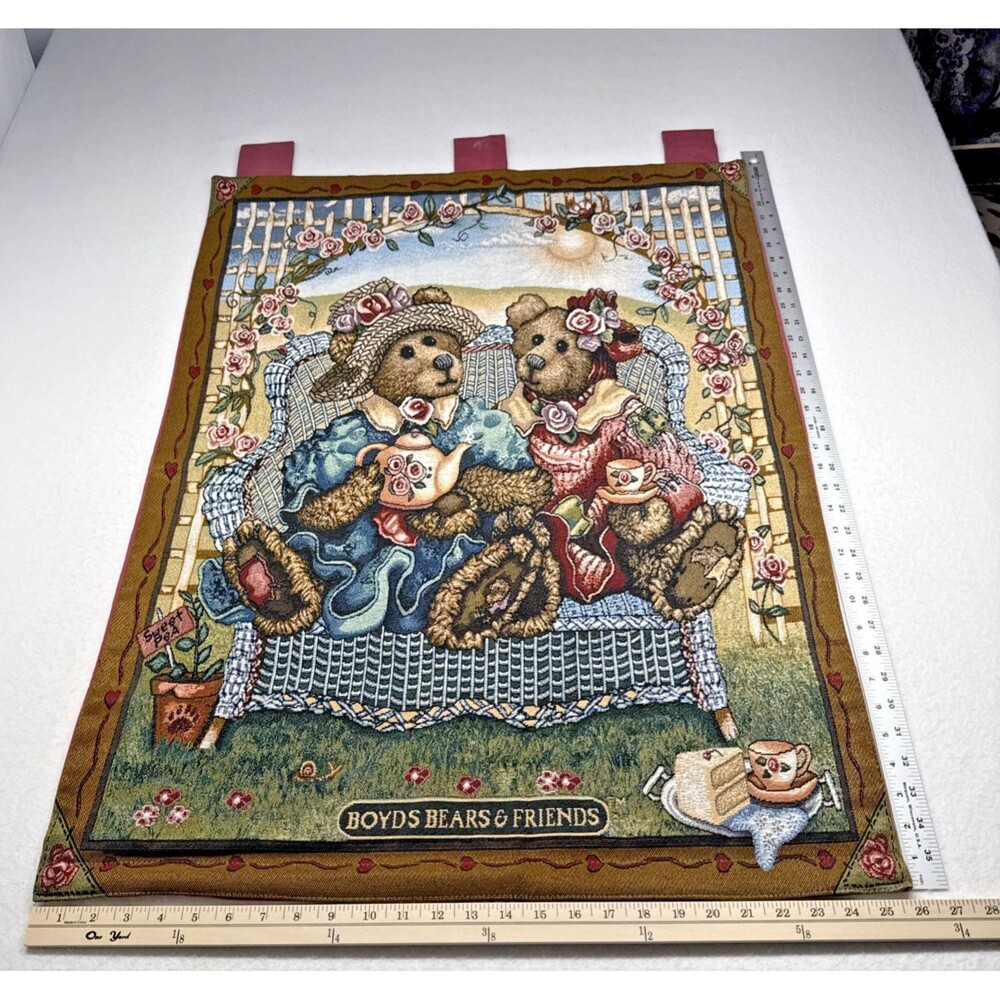 Boyds Bears & Friends Wall Tapestry Teddy Bear Tea Party 26x35 Woven Hanging